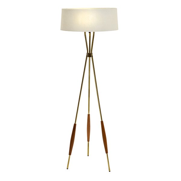Gerald Thurston floor lamp, by Lightolier: Gerald Thurston floor lamp, by Lightolier, 1950s, brass and walnut tripod base, white enameled metal perforated diffuser to top, lower plastic diffuser, original shade, 18"dia x 51"h, very good origin