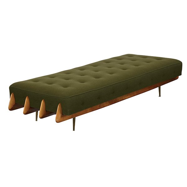 Mid-century Modern daybed: Mid-century Modern daybed, designer unknown, a maple base with four fins at each end over brass legs, tufted cushion reupholstered in dark green wool fabric, original finish, unsigned, 82"w x 31"d x 1