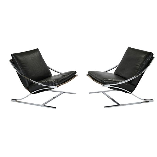Paul Tuttle Zeta lounge chairs, Strassle International: Paul Tuttle "Zeta" lounge chairs, pair, by Strassle International, 1960s, chrome-plated steel frames, original black vinyl upholstery, 27"w x 33"d x 29"h, very good condition