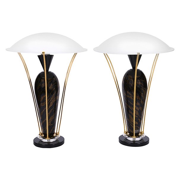 Oggetti table lamps: Oggetti table lamps, Italy, pair, black glass body with gold inclusions, clear glass and black lacquered wood base, frosted glass shade supported by brass rods, marked "new ACF Italy designer Arch. M.