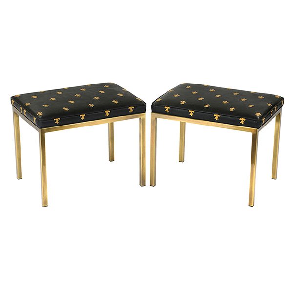 Mastercraft benches pair: Mastercraft benches pair, brass-plated metal frames with the original black vinyl upholstery with embroidered fleur de lis design, 23"w x 17"d x 18"h, very good original condition