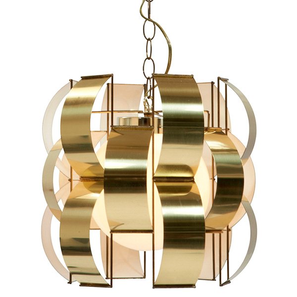 Max Sauze style chandelier: Max Sauze style chandelier, brass-plated aluminum strips surround a frosted glass globe, long swag chain and cord, original finish, unsigned, shade: 14"dia x 13.5"h, chain: 140"long, excellent origina