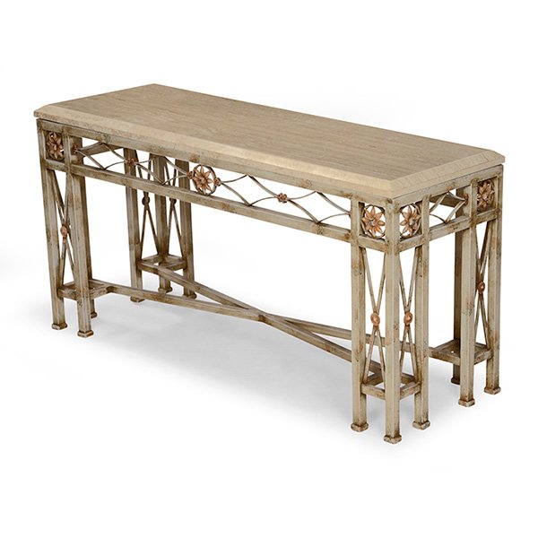 Italian console table: Italian console table, wrought iron with off-white aged finish and decorative rosettes, rectangular travertine marble top, original finish, signed with "Made in Italy" paper label, 60"w x 20"d x 30"h,
