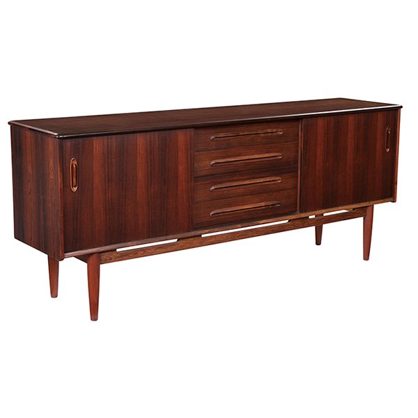 Nils Jonsson cabinet, Troeds: Nils Jonsson cabinet, by Troeds, Sweden, Brazilian rosewood, four drawers with carved handles, two sliding doors, birch interior, original finish, signed with branded mark "Troeds Bjarnum", 75.5"w x 1