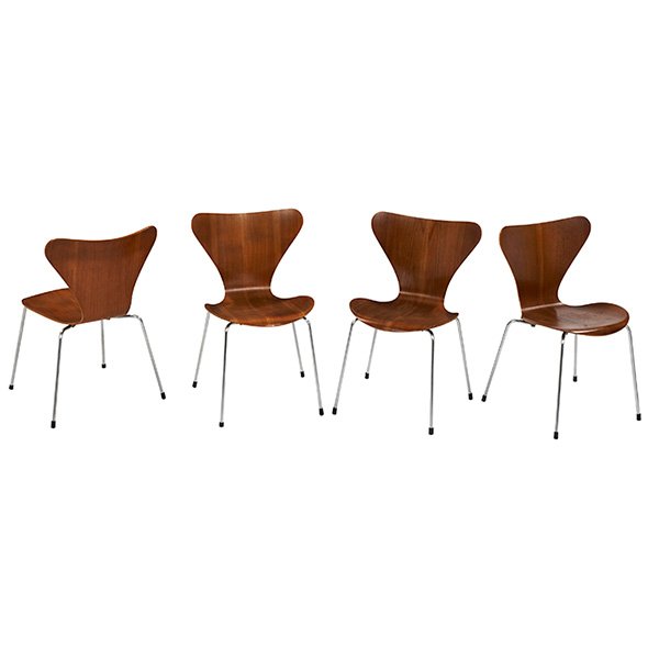 Arne Jacobsen Series 7 chairs, Fritz Hansen: Arne Jacobsen Series 7 chairs, four, by Fritz Hansen, Denmark, teak, 1960s, original finish, signed with Fritz Hansen label, 19.25"w x 18"d x 30.5"h, very good original condition