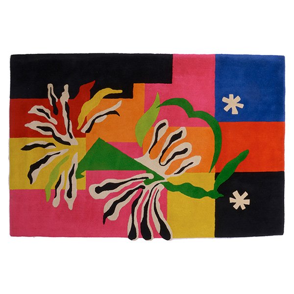 Edward Fields rug, style of Matisse, 1981 signed: Edward Fields rug, in the style of Matisse, 1981, 100% wool, bright colors, yellow, black, blue and pink, signed "Edward Fields" and dated, 107" x 71", excellent original condition