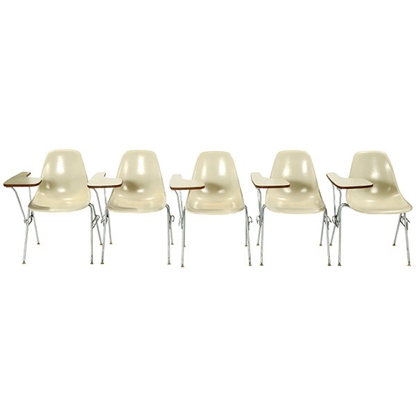 Charles & Ray Eames shell chairs, Herman Miller: Charles & Ray Eames shell chairs, 5, by Herman Miller, parchment fiberglass, zinc stacking bases with folding desk surfaces, original finish, signed, bases are optional, 25"w x 25"d x 32"h, very good