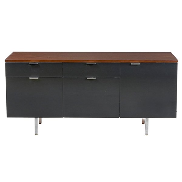 George Nelson cabinet, Herman Miller: George Nelson cabinet, by Herman Miller, 1970s, walnut top over an ebonized wood case with one door and four drawers, original aluminum pulls, refinished, 56"w x 20"d x 26"h, excellent condition