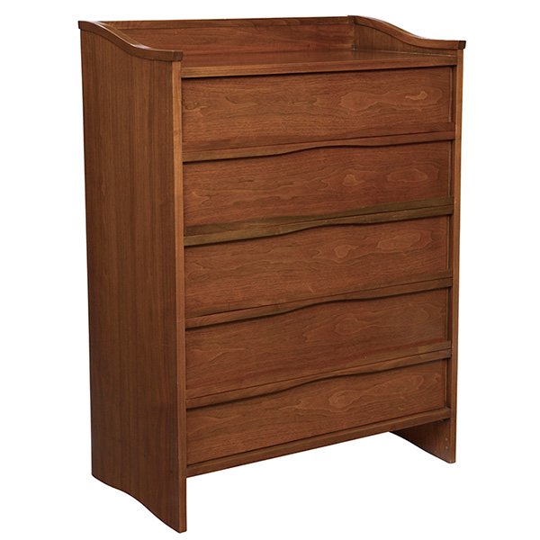 George Nakashima dresser, Widdicomb: George Nakashima dresser, by Widdicomb, walnut, five drawers, gallery top with sloping sides, carved wood drawer pulls, original finish, signed with branded mark "George Nakashima", 39.25"w x 21.75"d 