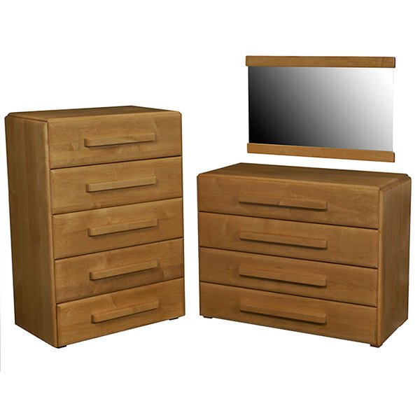 Russel Wright American Modern bedroom set, Conant Ball: Russel Wright American Modern bedroom set, by Conant Ball, maple, one five drawer dresser, one four-drawer dresser, mirror and full-size bed (not shown), refinished, signed with branded mark, bed: 57"