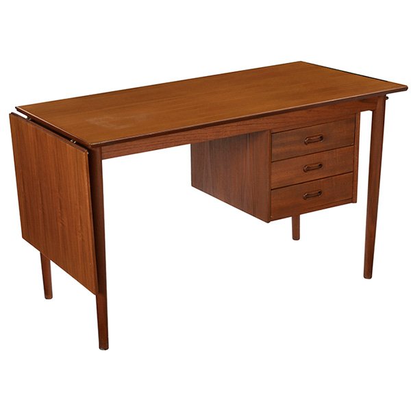 Arne Vodder drop-leaf desk: Arne Vodder drop-leaf desk, teak, Denmark, one adjustable drawer bank with three drawers, top slides to support leaf, drop-leaf is removable, top refinished, signed Danish Control stamp, 48"w x 23.75"