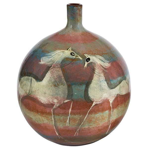 Polia Pillin bottle vase: Polia Pillin bottle vase, glazed ceramic, featuring galloping white horses on a multi-colored field, signed "Pillin", 7.5"dia x 9"h, mint condition
