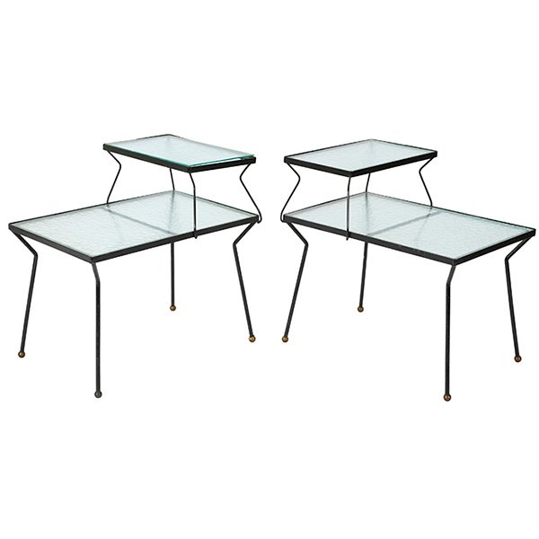 Milo Baughman tables, Pacific Iron: Milo Baughman tables, pair, by Pacific Iron, black wrought iron frames, inset glass tops, ball feet with brass finish, original finish, 17"w x 24.5"d x 24"h, very good condition