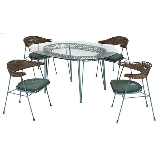 Salterini table and chairs, table: Salterini table and chairs, table with ribbon-like apron detail, oval glass top, four chairs with original caned backrests and original green vinyl seat cushions, original light green finish, one chai