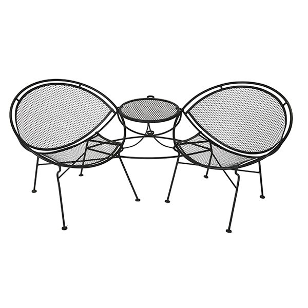 Mauricio Tempestini Tete-a-Tete loveseat, Salterini: Mauricio Tempestini Tete-a-Tete loveseat, by Salterini, 1950s, two clamshell chairs connected by a center table with rings at back for supporting an umbrella, wrought iron, refinished, 68.5"w x 32"d x
