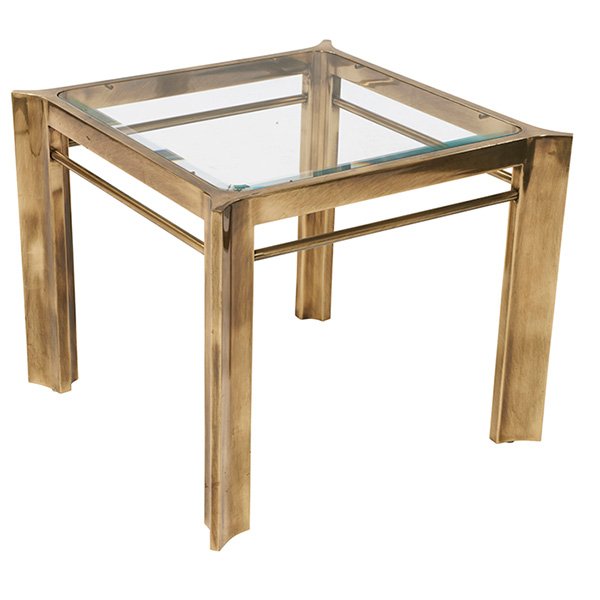 Mastercraft occasional table: Mastercraft occasional table, sculptural brass frame with brushed finish, inset beveled glass top, original finish, 29"w x 29"d x 24.5"h, very good original condition