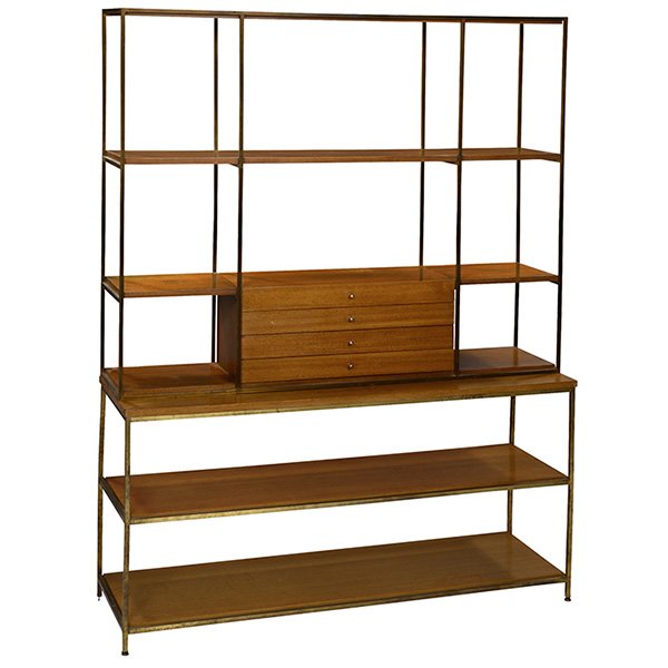 Paul McCobb wall unit, Calvin: Paul McCobb wall unit, by Calvin, mahogany and brass, lower three-shelf unit supports a removable upper section with shelves and four small drawers, back is finished, original finish, signed with meta