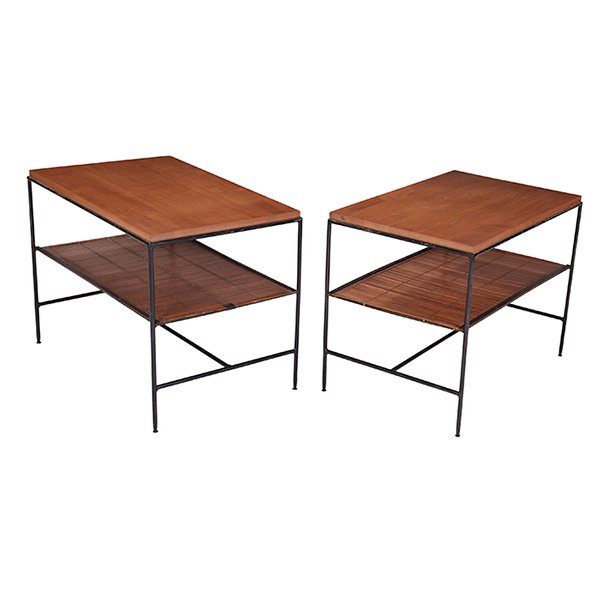 Paul McCobb end tables, Winchendon: Paul McCobb end tables, pair, by Winchendon, c.1953, two-tiered forms with maple tops over a caned lower shelf, black iron frames, original finish, 28"w x 18"d x 21"h, very good original condition