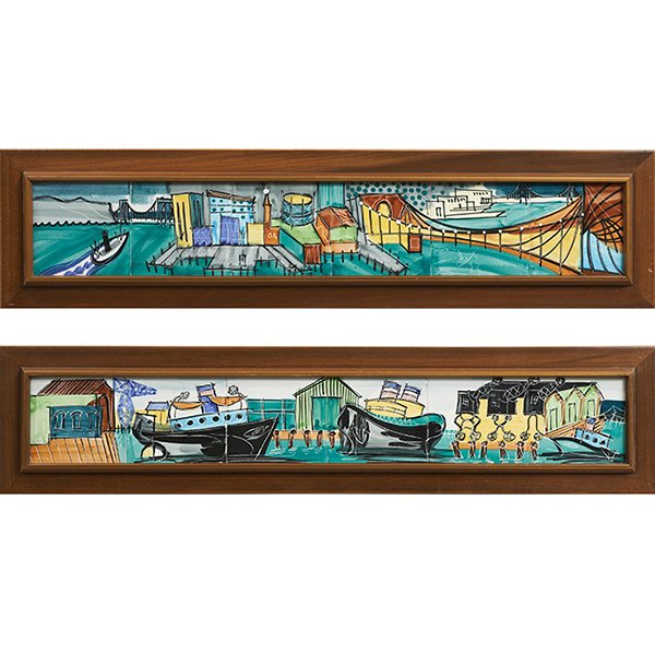 Harris Strong framed tile mosaics: Harris Strong framed tile mosaics, two, harbor scenes, hand-painted glazed ceramic tiles in a walnut frame, each signed with paper label, framed size: 40"w x 9.5"h, excellent original condition