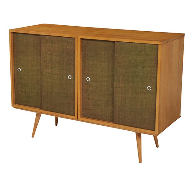Paul McCobb Planner Group bench and cabinets,: Paul McCobb Planner Group bench and cabinets, by Winchendon, 1950s, maple, two separate cabinets, each with sliding doors with original aluminum pulls and one fixed shelf, original finish, 48"w x 18"d