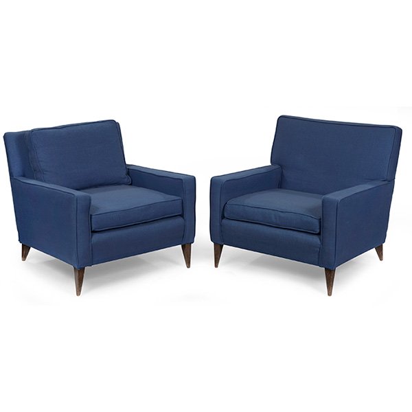 Paul McCobb Planner Group His and Her lounge chairs,: Paul McCobb Planner Group His and Her lounge chairs, pair, by Custom Craft, one with loose back cushion, one with padded backrest, tapered wood legs, original blue upholstery, one signed with McCobb P