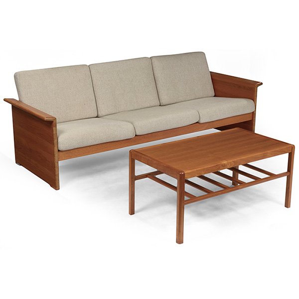 Tarm Stole sofa, Danish teak coffee table: Tarm Stole sofa, Denmark, teak, with a Danish teak coffee table, original oatmeal-colored wool upholstery, original finish, unsigned, sofa: 80.5"w x 30"d x 29"h, table: 35.5"w x 20"d x 16.5"h, very go