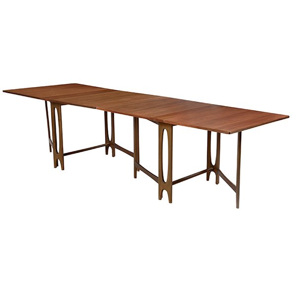 Danish folding table set: Unusual Danish folding table set, teak, in the style of Bruno Mathsson, two folding tables connect to form one large dining table or can be used separately, legs are beech, original finish, unsigned,
