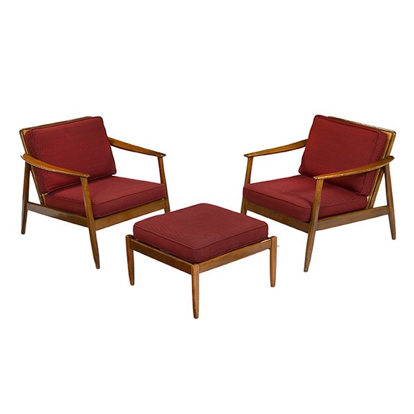 Dux lounge chairs: Dux lounge chairs, pair, with one ottoman, beech frames with sloping armrests, caned backrests, original dark red wool upholstery, original finish, ottoman signed with Dux paper label, chairs: 27.5"w
