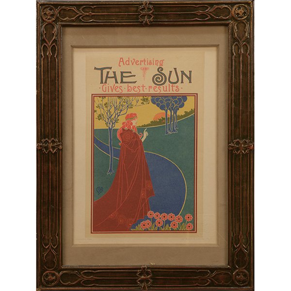 Louis John Rhead lithograph: Louis John Rhead (British, 1857-1926), The Sun (from Les Maitres de l'Affiche), 1896, text reads Advertising in the Sun Gives Best Results, color lithograph, printed by Imprimerie Chaix, Paris, signed