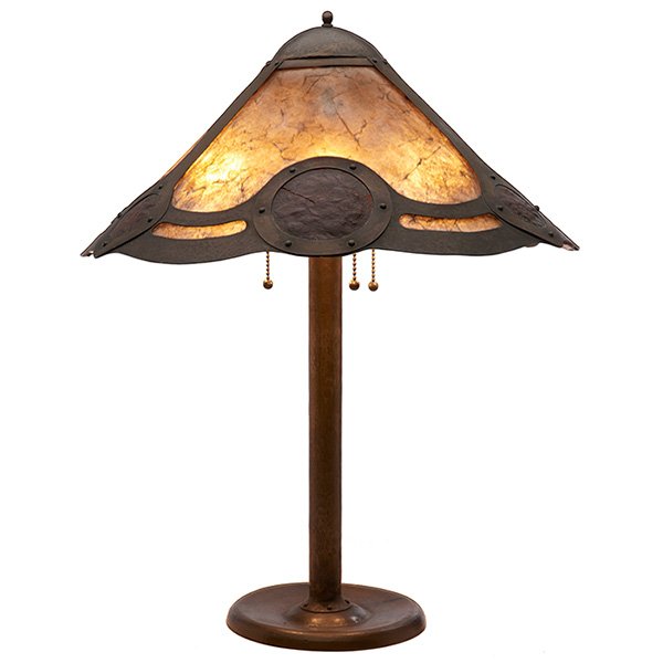 Arts & Crafts lamp: Arts & Crafts lamp, hammered copper base supporting a conical shade in copper and mica with unusual inset leather medallions, original patina, unmarked, 18"w x 23"h