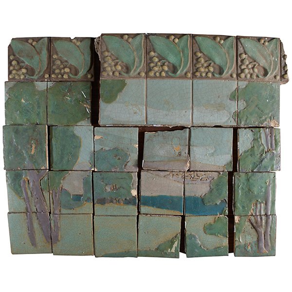 Rookwood Faience fireplace tile frieze: Rookwood Faience fireplace tile frieze, group of 24 carved and painted landscape tiles, #2688, top row consists of 6 leaf and berry tiles, #1148Y, all marked, overall: 30" x 36", each tile: 6"sq Prove