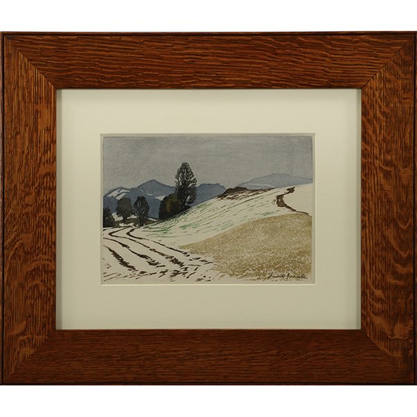 Hans Frank color woodcut: Hans Frank (Austrian, 1884-1948), Winter Field, color woodcut, signed lower right, matted and framed, 6.5" x 9.25" image, 15.5" x 18.5" frame