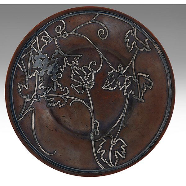 Heintz tray: Heintz tray, in bronze, applied sterling silver grape vine with clusters design, original patina, marked and numbered, 7"dia