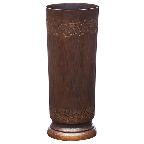 Dirk van Erp vase: Dirk van Erp vase, cylindrical and footed shape in hammered copper with tooled floral designs, original patina, open box mark, 2"w x 5.5"h