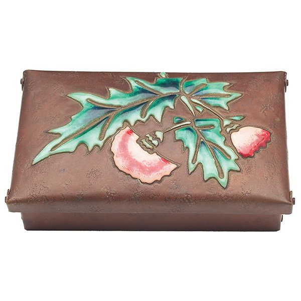 Japanese moriage and uchidashi box: Good Japanese moriage and uchidashi box, probably from the Taisho Period, copper with an elaborate and colorful thistle design on lid, signed by Ando Jubei, original patina, 7"w x 1.5"h