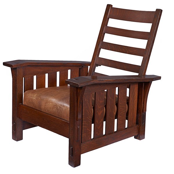 Gustav Stickley Morris chair, #369: Gustav Stickley Morris chair, #369, drop-arm form with five vertical slats under each arm, thru-tenon construction, recovered seat and back cushion, restoration to legs, refinished, unsigned, 32.5"w x