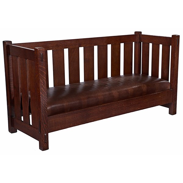 Gustav Stickley settle, variation of #208: Gustav Stickley settle, variation of #208, even arm form with eight vertical slats at back and three under each arm, supported by thru-tenon construction, recovered leather seat and five pillows (not 