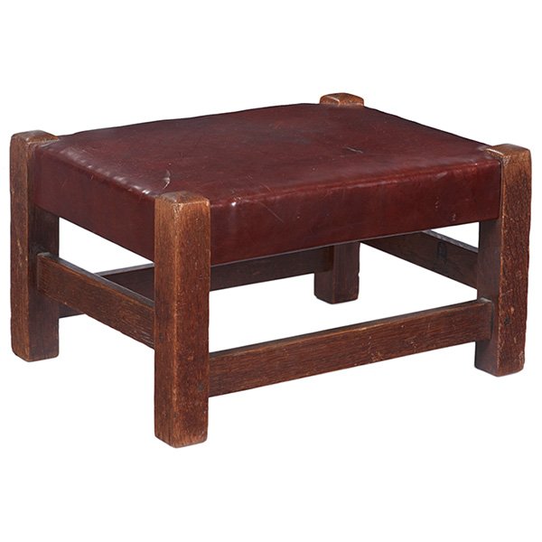 Gustav Stickley footstool, #299, c. 1912: Gustav Stickley footstool, #299, c. 1912, low form with a nicely recovered leather seat, missing tacks, branded signature, original finish, 16"w x 12"d x 9"h