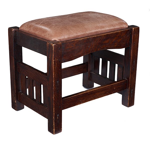 Harden footstool: Harden footstool, slatted form with arched rails, refinished, replaced leather seat, unsigned, 20"w x 14"d x 18"h