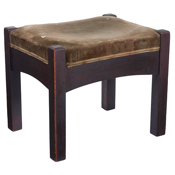 L & JG Stickley footstool, #394: L & JG Stickley footstool, #394, in mahogany, recovered seat, original finish, 19"w x 15"d x 16"h