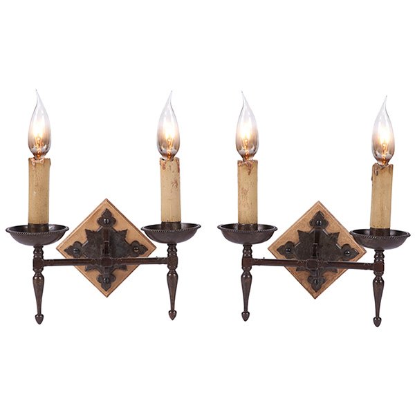 English Arts & Crafts double candle sconces, Cotswold: English Arts & Crafts double candle sconces, pair, Cotswold School, c. 1900, in wrought iron, each: 10.5"w x 7.75"d x 9.5"h
