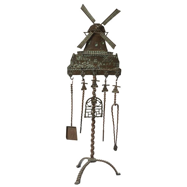 Arts and Crafts style fireplace tool set: Arts and Crafts style fireplace tool set, in brass, windmill motif with five implements, 17"w x 16"d x 53"h