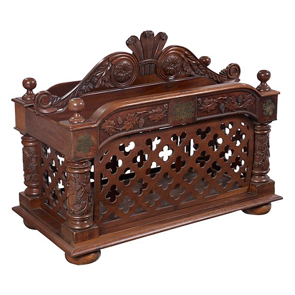 Victorian canterbury/magazine rack: * Victorian canterbury/magazine rack, in walnut with Prince of Wales plume, carved grape vine decoration and cut-out quatrefoil sides, original finish, very good condition, 38"w x 20"d x 31"h Property