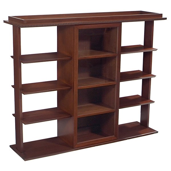 Frank Lloyd Wright hutch, manufactured by Heritage: Frank Lloyd Wright hutch, manufactured by Heritage Henredon, glass door at center flanked by open shelves, Taliesin design at edges, unsigned, original finish, 61.5"w x 16"d x 50"h