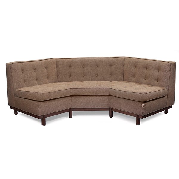 Frank Lloyd Wright sofa and two side chairs,: Frank Lloyd Wright sofa and two side chairs (not shown), manufactured by Heritage Henredon, angled section with Taliesin design at edges, original finish, worn upholstery to sofa, chairs with differen