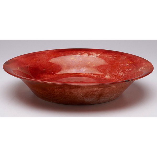 William Moorcroft bowl: * William Moorcroft bowl, c. 1925, covered with an even rouge flambe glaze, marked, Liberty paper label, 11"w x 2"h