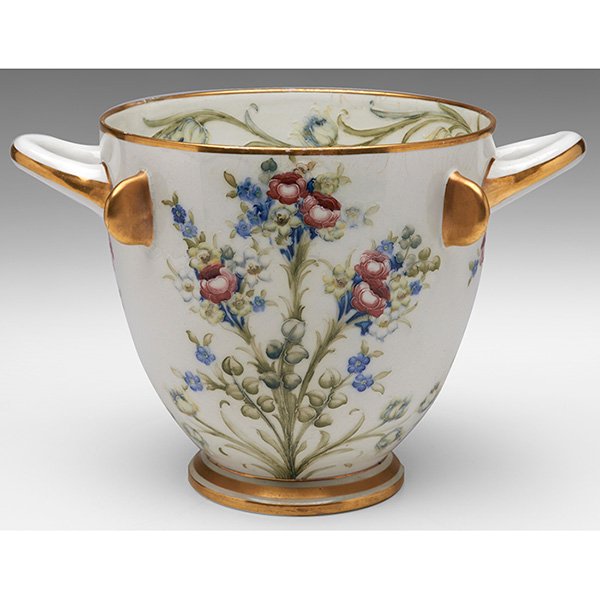 James Macintyre & Co. Pompeian bowl, William Moorcroft: * James Macintyre & Co. Pompeian bowl, designed by William Moorcroft, c. 1907, large double handled shape decorated with sprays of roses, tulips and forget-me-nots, signed and marked, 12.5"w x 8"h, re