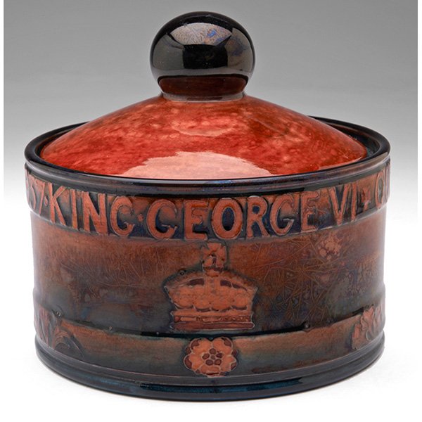 William Moorcroft commemorative humidor: * William Moorcroft commemorative humidor, George VI coronation 1937, covered with a rouge flambe glaze, signed and marked, 5"w x 4.5"h