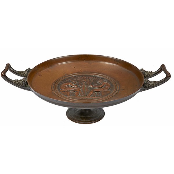 Ferdinand Levillain: * after Ferdinand Levillain (French, 1837-1905) bronze tazza, central inset relief medallion of Menalcas and Mopsus, two handles with Bacchic masks, inscribed F. Barbedienne foundry mark to foot, 18.5
