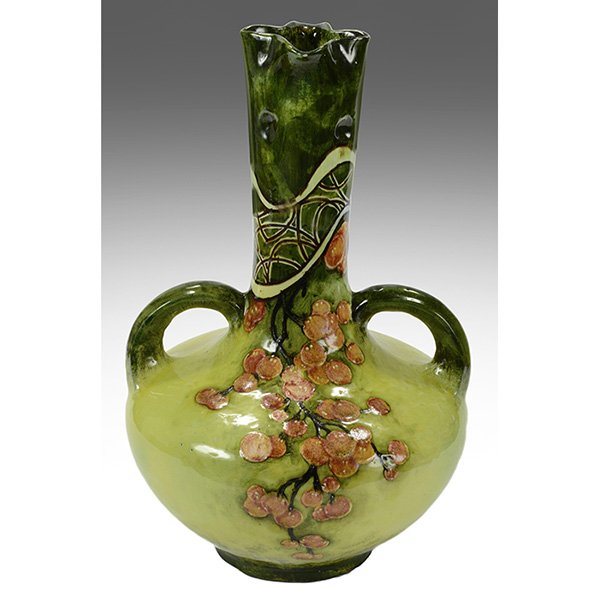 Amphora vase: Amphora vase, bottle form with organic decoration on a green ground, two applied handles, flakes to ruffled rim, impressed marks, 11.5"w x 18"h